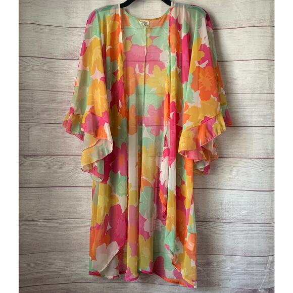 Peach Love California Colorful Floral Open Front Cardigan Cover Up Kimono Size M - Picture 1 of 16
